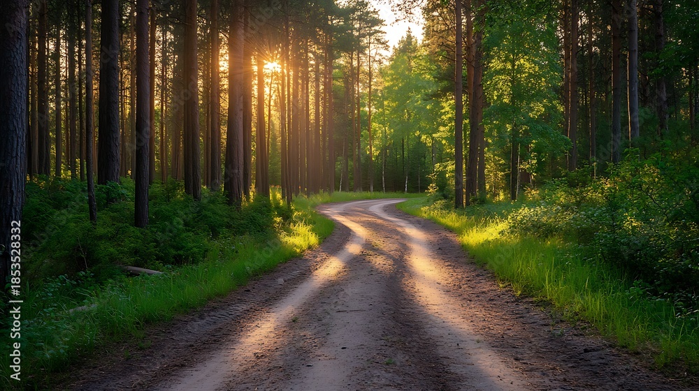 Obraz premium Winding road through lush green forest with sunlight filtering through trees