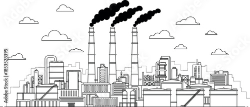 Industrial City Factory Line Illustration Showing Urban Skyline, Manufacturing Plants, Smokestacks, Air Pollution, Environmental Impact and Industrial Infrastructure Concept