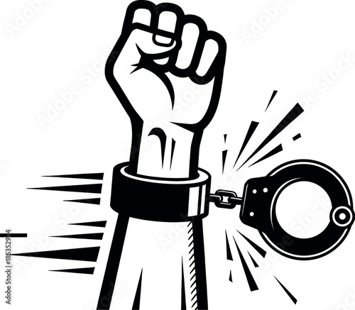 Black and white illustration of a clenched fist in handcuffs breaking free