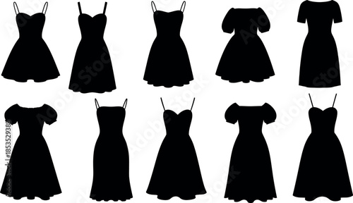 Collection of various black dress silhouettes for fashion design