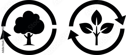 Black silhouette icons of tree and plant in circular recycling symbols