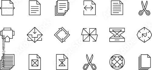 Black line icons of office supplies and editing tools