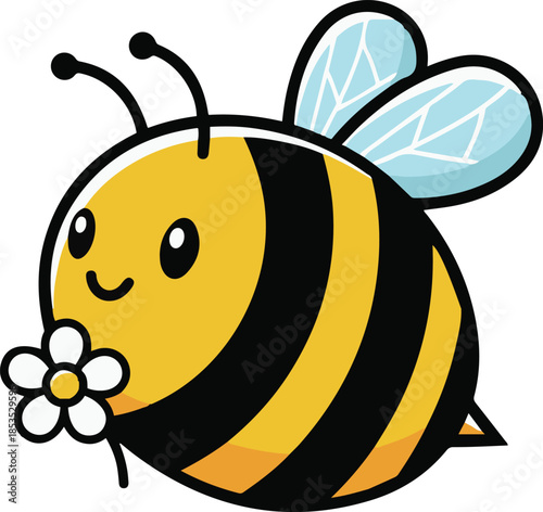 Cute cartoon bee vector illustration. A happy, round bumblebee character holding a small white flower, featuring bold outlines, yellow and black stripes, and light blue wings.