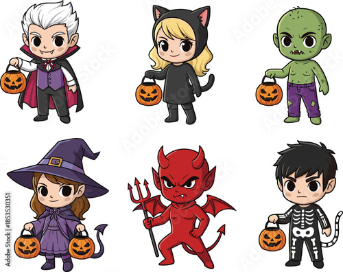 Cute Halloween character collection featuring kids in vampire witch devil zombie costumes, cartoon chibi style illustrations isolated on white background