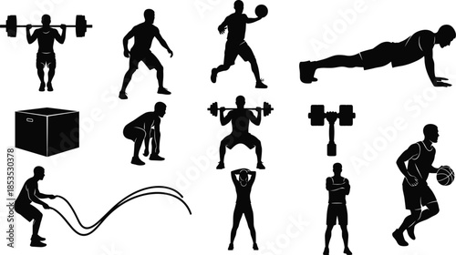 Fitness and workout silhouette collection showing gym exercises, weightlifting cardio training movements, athletic male poses isolated black figures