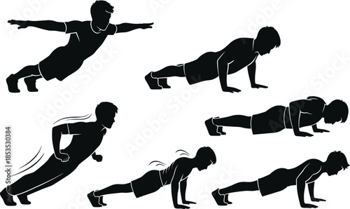 Fitness man silhouettes performing push up exercises, strength training workout poses sequence, bodyweight training concept, isolated black vector illustration