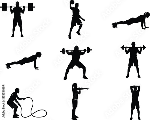 Fitness workout silhouettes performing strength and cardio exercises, gym training poses collection, active healthy lifestyle concept, isolated black vector illustration