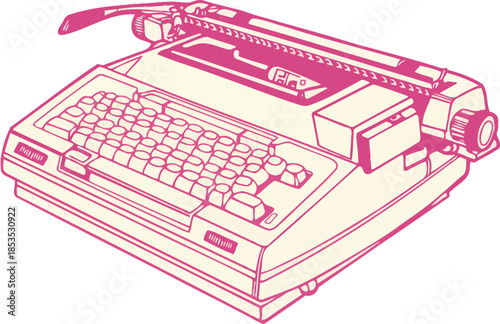 Detailed Pink and Cream Line Art Illustration of a Vintage Electric Typewriter for Retro Design and Writing