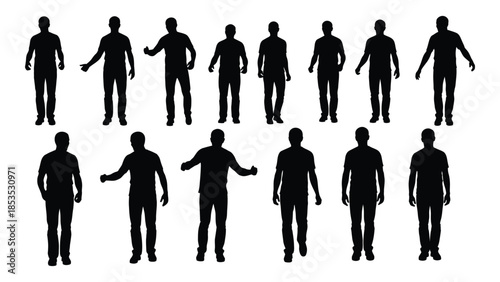 A series of human figures in various poses presented as a black silhouette