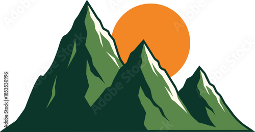 Mountain landscape illustration with rising sun representing nature adventure travel outdoor scenery and minimal flat vector design