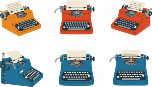 Collection of Six Vintage Typewriter Illustrations in Various Colors and Angles for Design and Editorial Use
