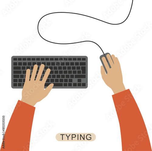 Top View Flat Illustration of Person Hands Typing on Computer Keyboard and Using a Mouse - Office Workplace and Tech Productivity Concept