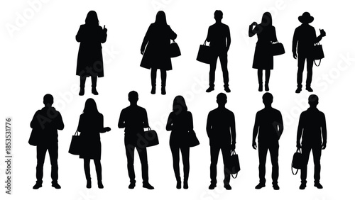 A collection of fashionable people in various outfits depicted as a striking silhouette
