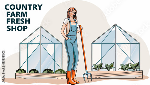 Woman tending to a garden with greenhouses and farm fresh produce