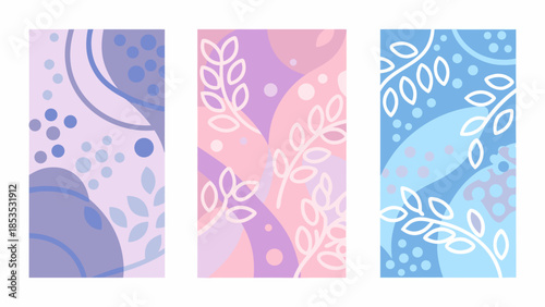 Abstract pastel colored vertical panels with organic shapes and floral elements