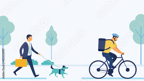 A man walking a dog and a cyclist pass each other on a path