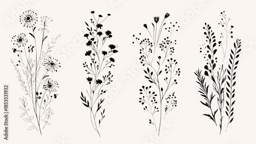 Delicate botanical illustrations of wildflowers and grasses in monochrome style