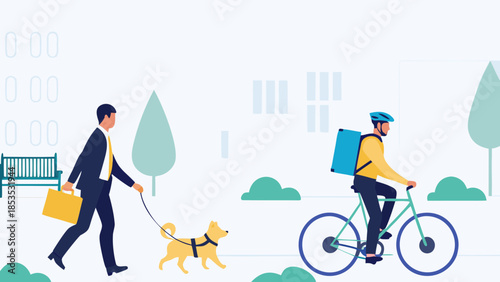 A businessman walking his dog and a delivery person on a bicycle
