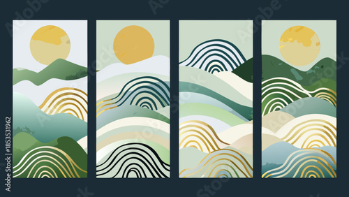 Abstract botanical wall art featuring suns mountains and curved lines