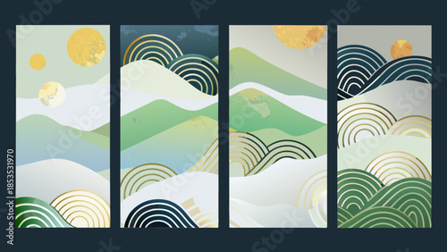 Abstract landscape wall art featuring mountains waves and golden suns