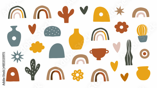 Bohemian style collection of colorful shapes plants vases and decorative elements