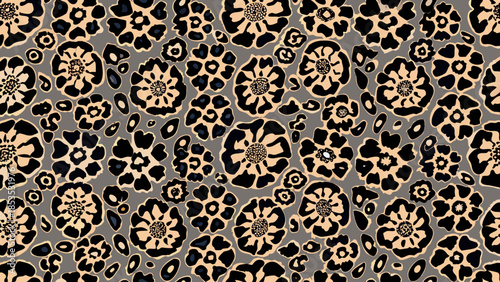 A seamless pattern featuring leopard spots and floral rosette designs