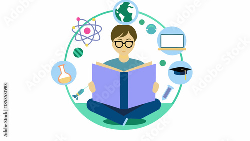 A student engaged in learning surrounded by symbols of knowledge and education