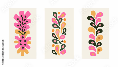 Abstract botanical illustrations a set of three colorful vertical plant designs