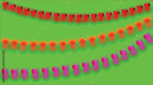 Shiny red and green valentine love shaped  and ornaments with a matching arranged like a luxury pearl necklace and jewelry gift with gold beads and a heart gem on a string