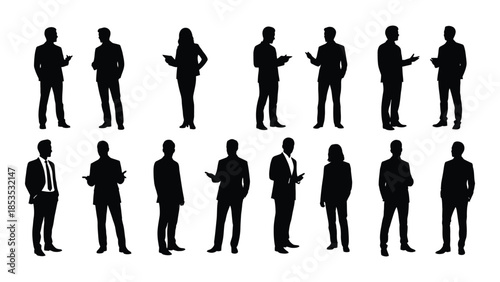 A collection of diverse people in business attire presented as a striking silhouette