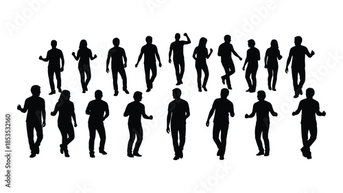 A collection of human figures in various poses depicted as a dark silhouette