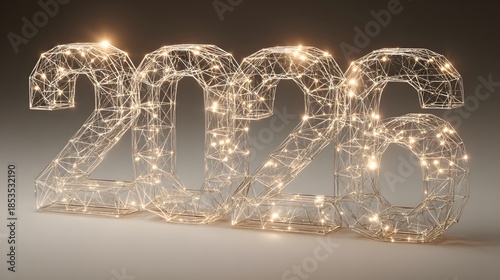 Glowing Wireframe 2026 New Year Number With Golden Fairy Lights