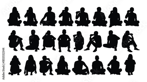 Diverse group of people in various poses presented as a black silhouette