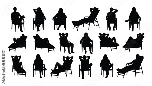 Diverse poses of people relaxing in chairs depicted as a black silhouette