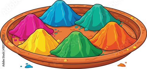 Colorful powder piles in a traditional indian festival bowl