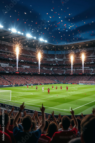 Fireworks light up a soccer stadium under a star-filled night sky, spectators cheer as a pivotal moment unfolds on the pitch, bathed in vibrant stadium lighting and celebratory ambiance.