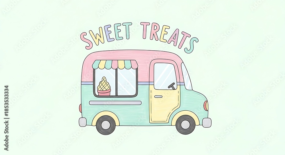 Fototapeta premium Colorful Ice Cream Truck Illustration Sweet Treats.