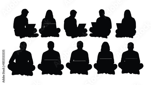 A collection of diverse people sitting with laptops depicted as a striking silhouette
