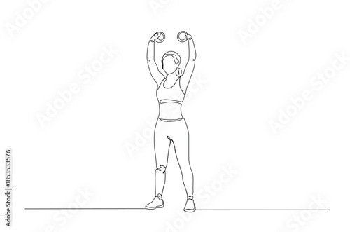 Continuous One Line Drawing of Young Woman Lifting Dumbbells in the Gym. Fit Woman Lifting Dumbbells During Workout.