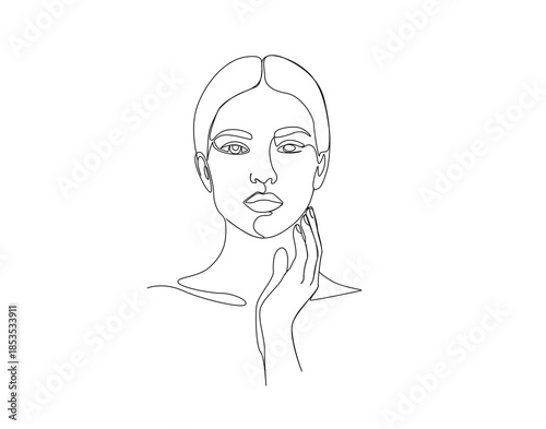 Continuous Line Drawing of Beautiful Woman Touching Face. Pretty woman potrait simpe outline illustration.