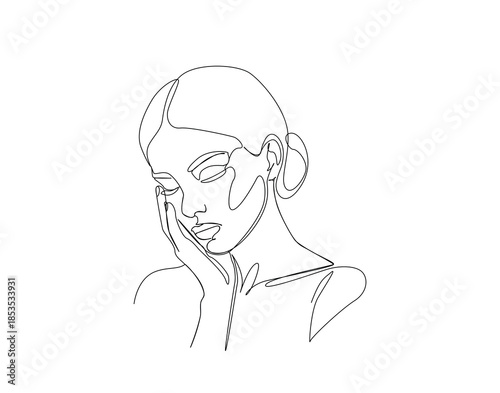 Continuous Line Drawing of Beautiful Woman Touching Face. Pretty woman potrait simpe outline illustration.