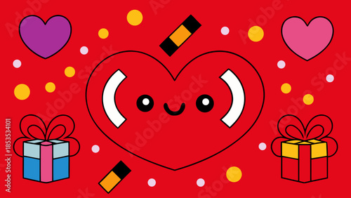 Romantic Red Background with Hearts, Gift Boxes and Festive Confetti for Valentine's Day