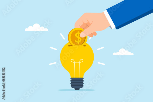 Flat illustration of hand inserting coin into lightbulb idea symbolizing investment innovation funding creativity and idea growth