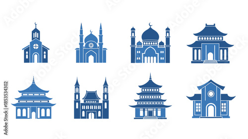A collection of diverse religious buildings, including mosques, churches and other worship structures, displayed with artistic flair