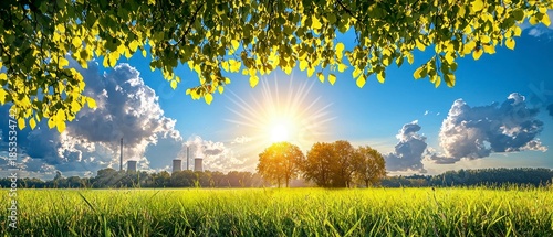 Sunrise over a lush green field nature landscape peaceful environment rural setting vibrant atmosphere