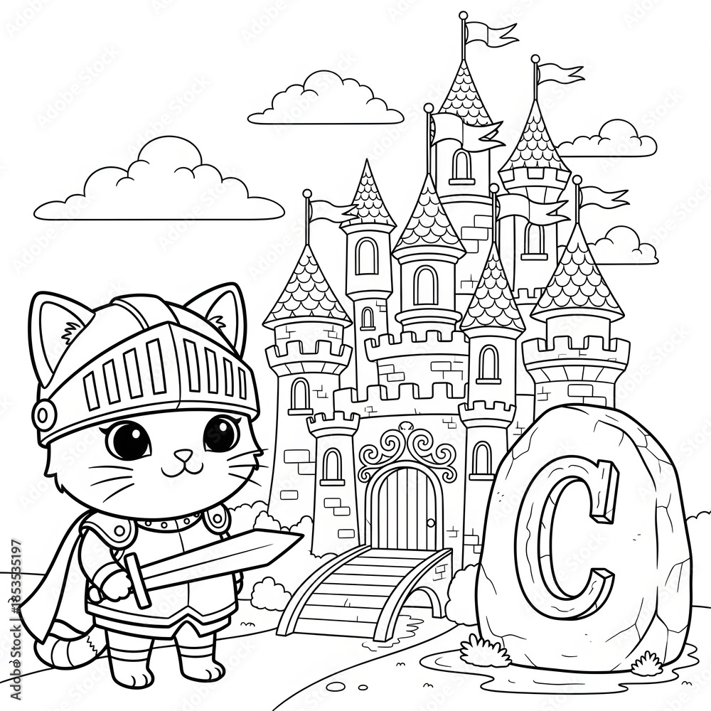 Fototapeta premium Cat knight and castle coloring page. Cute fantasy medieval alphabet letter C illustration. Brave kitten warrior with a sword standing in front of a stone castle. Sheet for kids