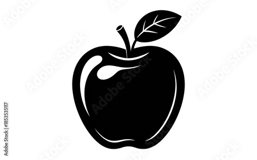 Black Apple Icon with Leaf on White Background