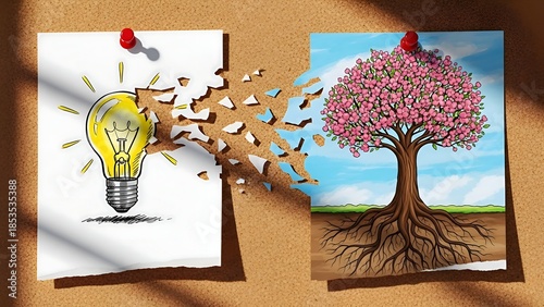 Transformation of a bright idea into a flourishing tree concept art