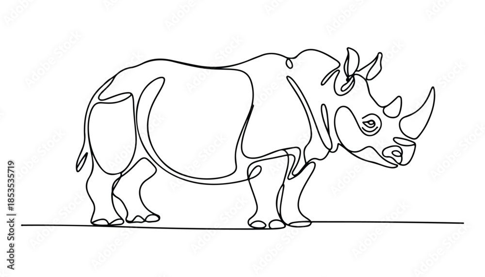 Fototapeta premium One continuous line illustration of an Rhinoceros, isolated on white background.