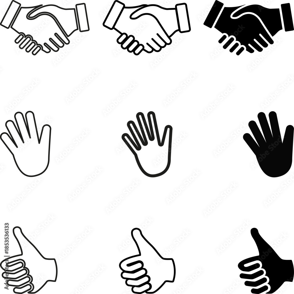 Obraz premium Verschiedene Hände Sammlung, Handschlag, Daumen hoch, Hand, Hände Icons